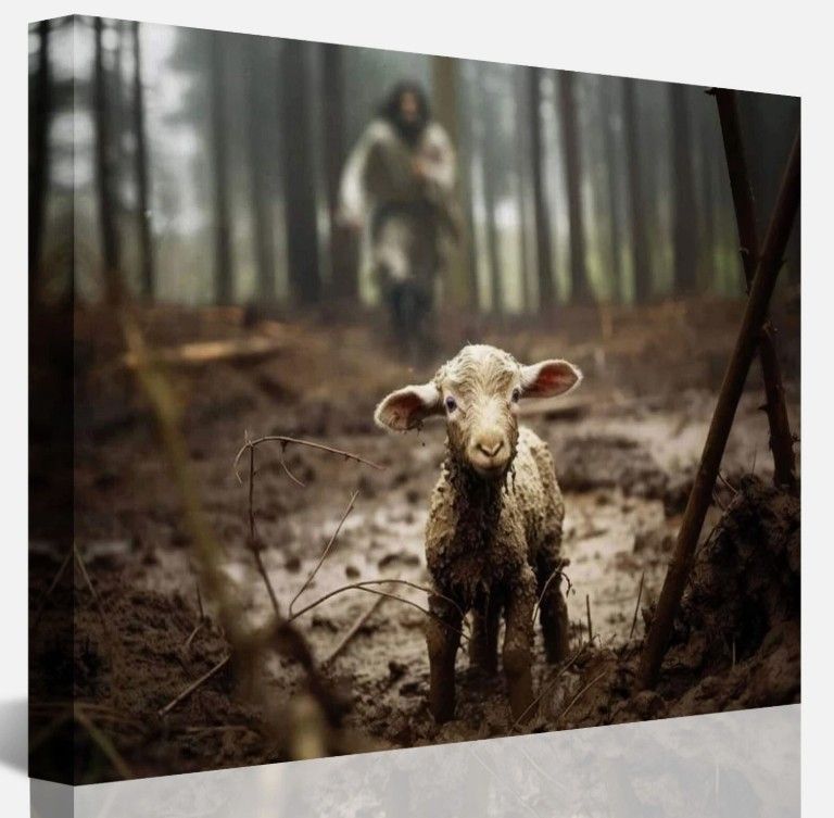 Jesus Running After Lost Lamb Picture Wall Art Canvas Print Christian Home Decor