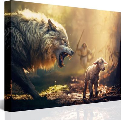 Christian Wall Art Jesus Running Towards Wolf and Lamb Pictures Jesus Art
