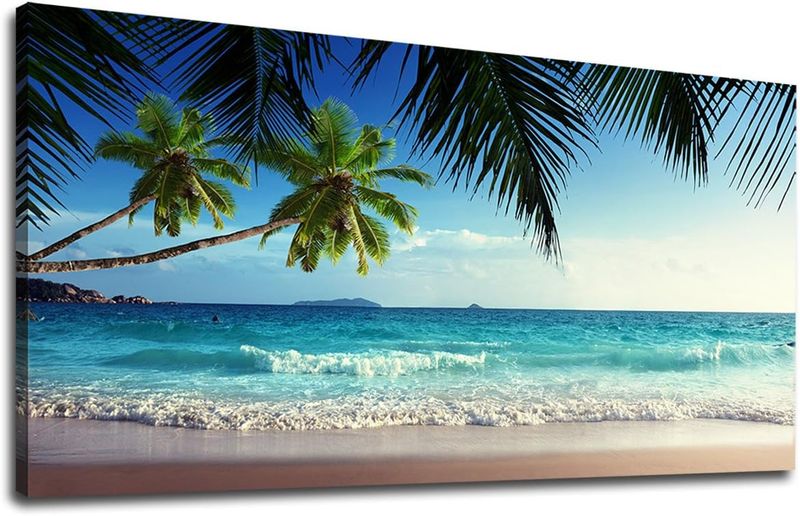 20"x40" Large Canvas Seascape Wall Art | Modern Tropical Beach Ocean Waves &amp; Palm Trees Print for Living Room/Bedroom