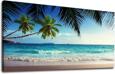 20&quot;x40&quot; Large Canvas Seascape Wall Art | Modern Tropical Beach Ocean Waves &amp; Palm Trees Print for Living Room/Bedroom