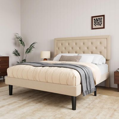 Queen Platform Bed Frame, Button Tufted Fabric Upholstered | Adjustable Headboard, Wood Slat Support, Beige | No Box Spring Needed