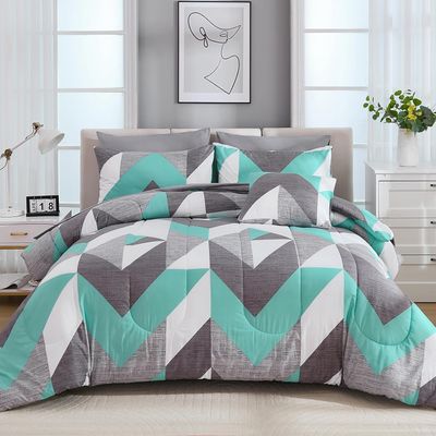 Gray and Teal Geometric 8 Piece Bed in a Bag Comforter Set With Sheets, Queen