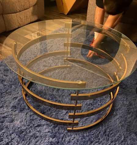 Contemporary Round Glass Top Coffee Table | Champagne Gold Finish Metal Frame
