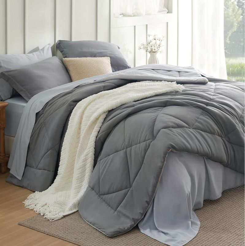 Queen Bed in a Bag 7-Piece Set | Reversible Grey Down Alternative Comforter &amp; Sheet Set