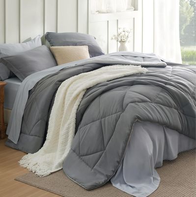 Queen Bed in a Bag 7-Piece Set | Reversible Grey Down Alternative Comforter &amp; Sheet Set