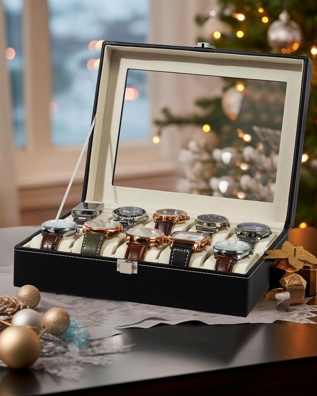 10 Slot Watch Box Display Case Real Glass Watch Organizer Storage with Pu Leather