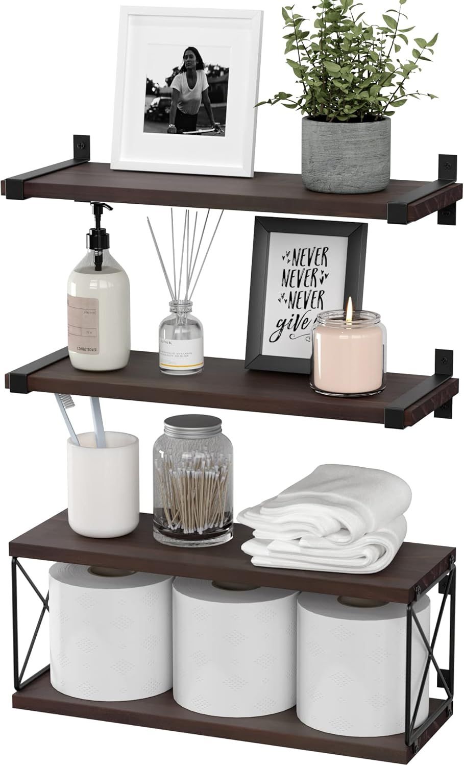 Wall Mounted Rustic Wood Bathroom Shelves with Extra Storage Shelves - Rustic Brown