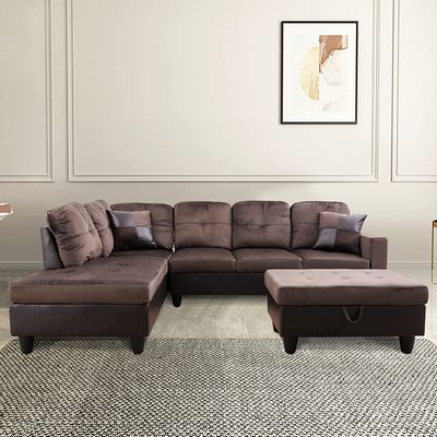 3 PCS Sectional Sofa Set, L-Shaped Sectional Couch 103" W for Living Room, with Storage Ottoman and Matching Pillows (Left Hand Facing, Espresso)
