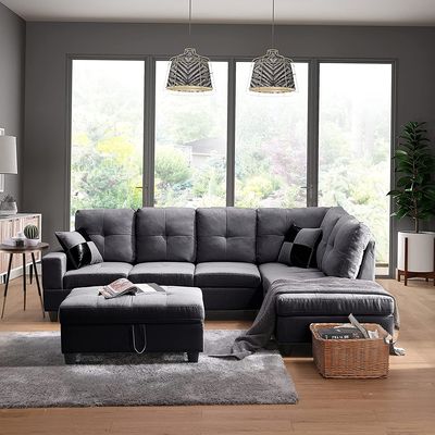 Living Room Furniture Sets,Modular 3 PCS Sectional, L Shaped Storage Ottoman, 3-Seaters Sofa with Facing Chaise and 2 Small Pillows,Couches for Large Space,Grey