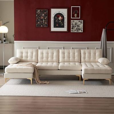 home Sectional Sofa 110" U-Shape Sofa Couch Linen Fabric Upholstered Sectional Sofa with Double Chaises &amp; Metal Legs, Lattice Decorated, for Living Room, Apartment, Studio, Office, Creamy-White