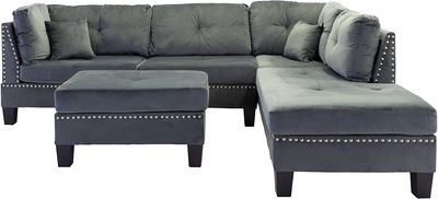 3-Piece Velvet with Nailhead Trim Sectional Sofa and Ottoman Set, Large, Dark Grey