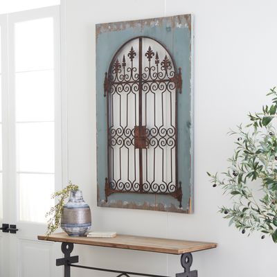 Home decor wall art accents Blue Wood Window Pane Inspired Scroll Wall Decor with Metal Fleur De Lis Relief