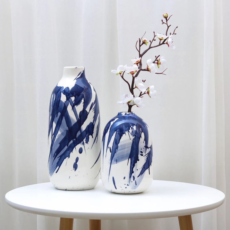 Teresa's Collections 10''H, 6.5''H Modern Ceramic Vases, Home Decor Accents, Navy Blue and White Vases for Flowers, Decorative Tall Vases for Table Centerpieces, Mantel, Shelf, Living Room, Set of 2
