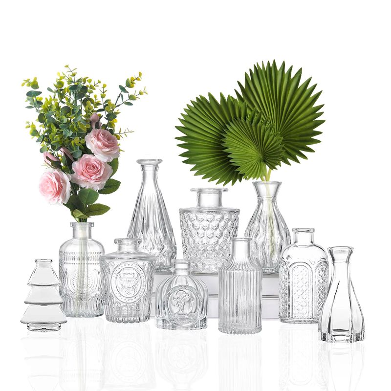 POKITU Glass Bud Vases Set of 10 - Small Bud Vases in Bulk, Mini Vintage Vase,Clear Bud Vases,Cute Decor Rustic Vases for Rustic Wedding Decorations, Home Table Flower Decor
