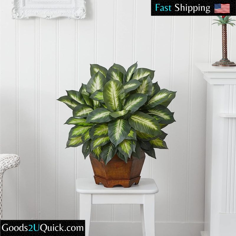 Nearly Natural 6639 24in. Golden Dieffenbachia Silk Plant,Green,12" x 12" x 35"