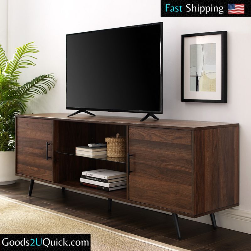 Vintage Style TV Stand for TVs up to 80", Sturdy Build &amp; Large Cabinets, Dark Walnut