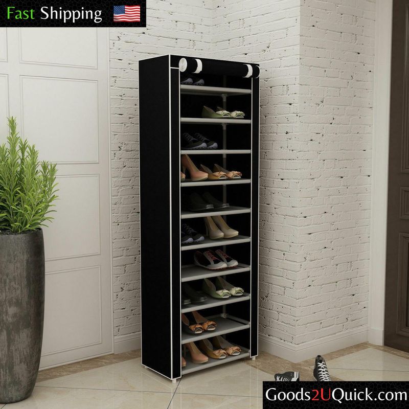 New 10 Tier Shoe Rack Shelf Standing Clost Cabinet Storage with Cover Black
