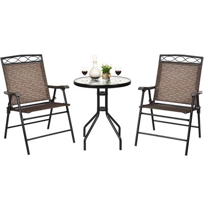 3 PCS Bistro Conversation Patio Pub Dining Set W/ 2 Folding Chairs &amp; Glass Table