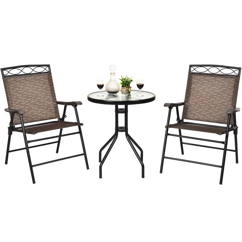 3 PCS Bistro Conversation Patio Pub Dining Set W/ 2 Folding Chairs &amp; Glass Table