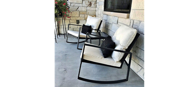 Set of 2 Beige Outdoor Rocking Chair Patio Set Furniture &amp; Glass Coffee