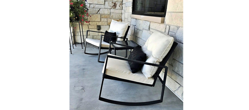 Set of 2 Beige Outdoor Rocking Chair Patio Set Furniture &amp; Glass Coffee