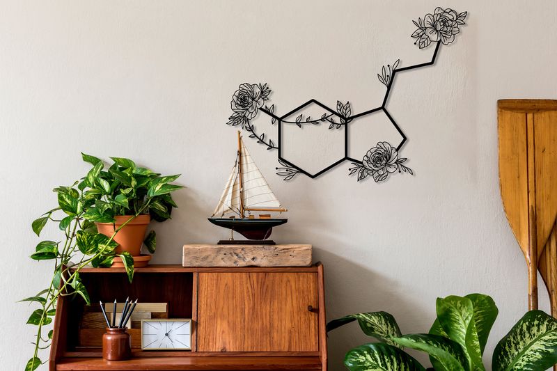 Serotonin Metal Wall Art ,Flowered Serotonin Molecule,Symbol of Happiness Wall Art,Unique Home Decor,Housewarming Gift,Metal Wall Decor,Sign