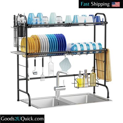 2 Tier Stainless Steel Over The Sink Dish Drying Rack Kitchen Organizer Non-Slip