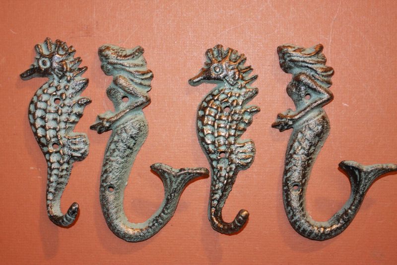 4) Mermaid Seahorse Christmas Gift - Cast Iron Wall Hooks,  BL42, N25