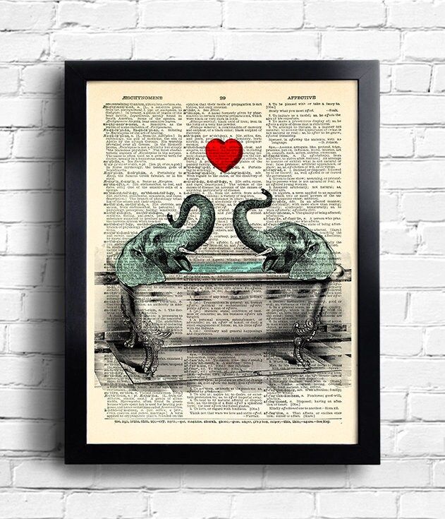 Elephant Couple Love Art Print, Bathroom Wall Decor, funny wall art, nursery animal art Print Dictionary Page Art , Bathroom Wall Decal 062