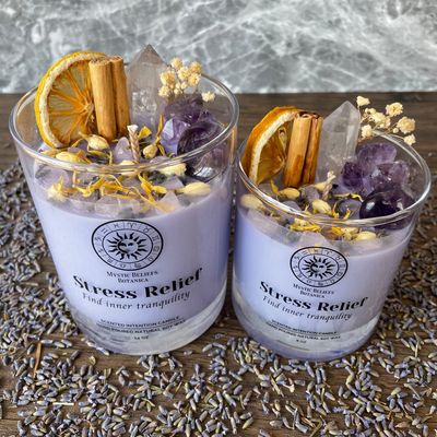 Stress &amp; Anxiety Relief Intention Candle - Crystal and Herb Candle -  Scented Natural Soy Wax Candle - Stress Relief Candle