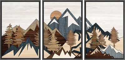 SIGNWIN Framed Canvas Wall Art Wood Panel Effect Mountain Range Top Print Modern Art Rustic Decor for Living Room