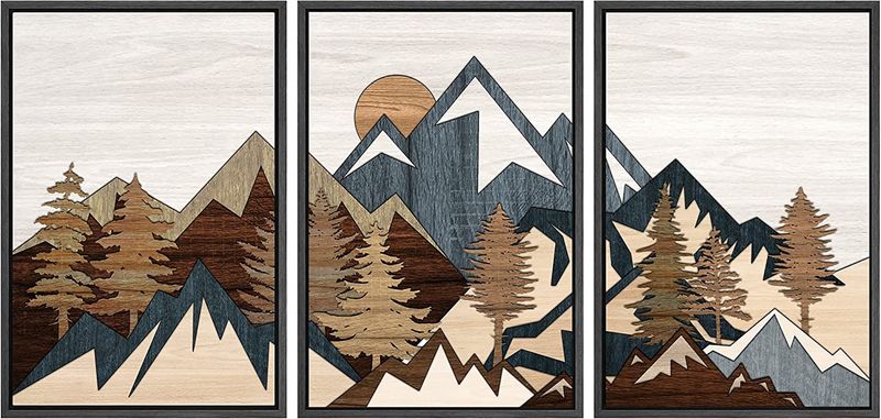 SIGNWIN Framed Canvas Wall Art Wood Panel Effect Mountain Range Top Print Modern Art Rustic Decor for Living Room