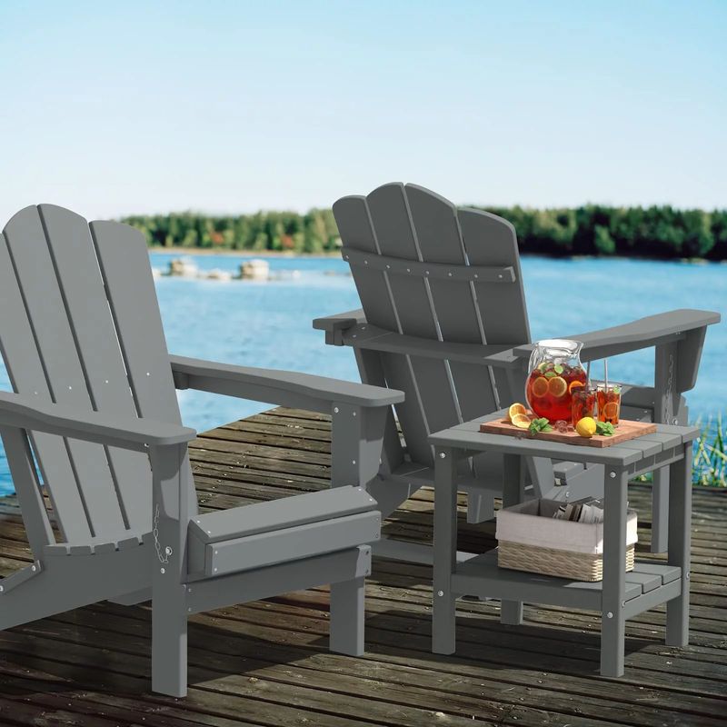 Serwall Adirondack Chair Set of 3, 2 Folding Plastic Adirondack Chair W/ 1 End Side Table, Gray