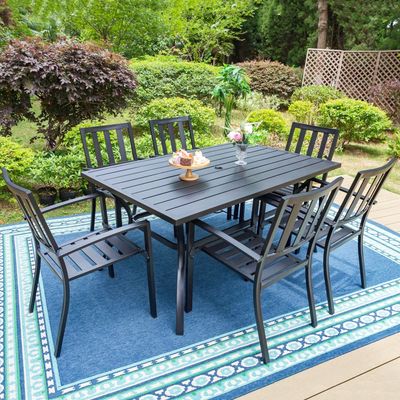 7-Piece Outdoor Patio Dining Set Modern Steel Furniture with 6 Slatted Armchairs and 1 Rectangular Table, Black