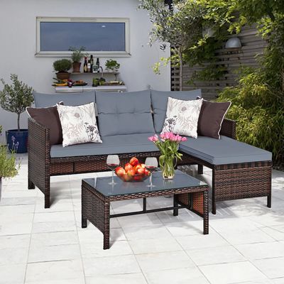 3PCS Patio Wicker Rattan Sofa Set Outdoor Sectional Conversation Set Lawn Garden