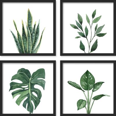 ArtbyHannah 10x10 inch Botanical Framed Wall Art Set with Watercolor Tropical Plants Art Prints, Set of 4 Black Wall Decor for Bathroom, Living Room