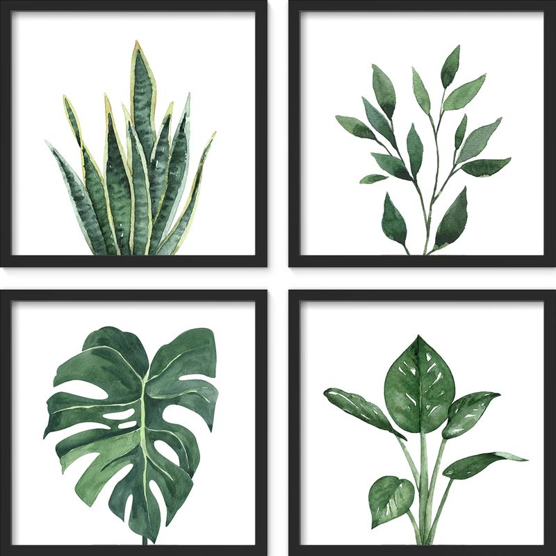 ArtbyHannah 10x10 inch Botanical Framed Wall Art Set with Watercolor Tropical Plants Art Prints, Set of 4 Black Wall Decor for Bathroom, Living Room