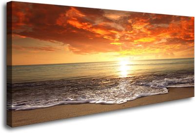 Canvas Prints Wall Art Sunset Ocean Beach Pictures Photo Paintings for Living Room Bedroom Home Decorations Modern Stretched and Framed Seascape Waves Landscape Giclee Artwork