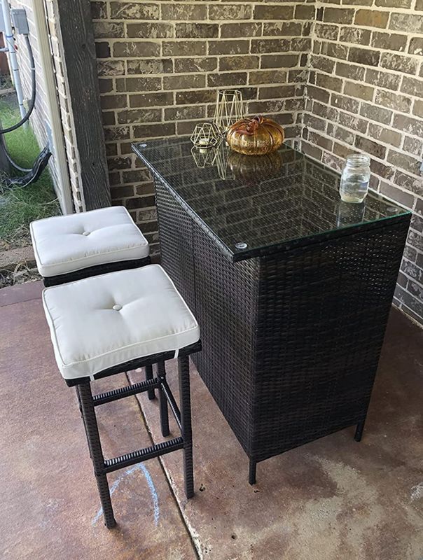 3PCS Patio Bar Set with Stools and Glass Top Table