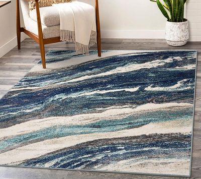 Goods2UQuick – Art Deco Living Room Carpet with Marble Swirl – Persian Area Rugs for Modern Home Décor, Soft Luxury Rug, Stain-Resistant, Medium Pile, Jute Backing, Blue / 8’ x 10’