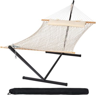 SUNCREAT Double Outdoor Hammock with Stand Included, Portable Cotton Rope 2 Person Hammock for Outdoor, Patio, Garden, Backyard, Beige