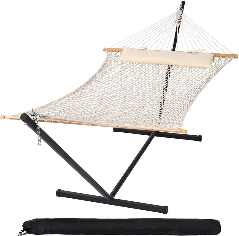 SUNCREAT Double Outdoor Hammock with Stand Included, Portable Cotton Rope 2 Person Hammock for Outdoor, Patio, Garden, Backyard, Beige