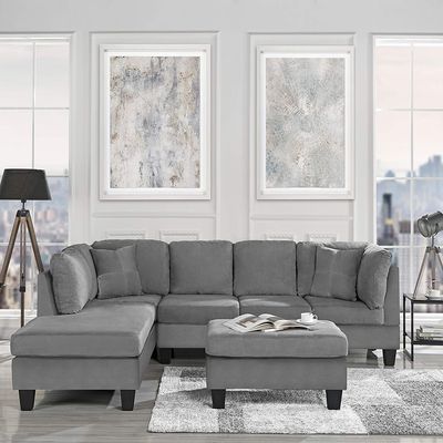 Modern 3 Piece Microfiber L Shaped Sectional Sofa with Reversible Chaise &amp; Ottoman, Large, Grey