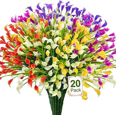 20 Bundles Multicolor UV Resistant Artificial Faux Plastic Spring Summer Flowers for Garden Porch Patio
