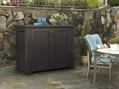 Rubbermaid Extra Large Decorative Patio Storage Cabinet, Weather Resistant, 123 Gal., Dark Teakwood, for Garden/Backyard/Home/Pool Goods2UQuick