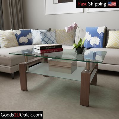 37" Tempered Glass Coffee Table 2-Layer Rectangle Tables Shelf for Living Room