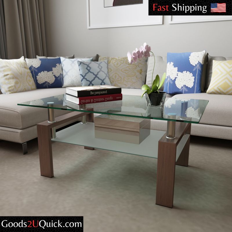 37" Tempered Glass Coffee Table 2-Layer Rectangle Tables Shelf for Living Room