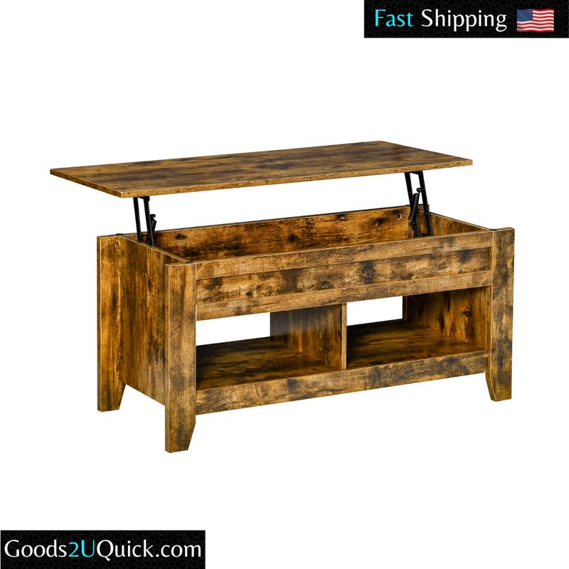 Sleek Lift Top Coffee Table + Hidden Storage &amp; Open Shelf Living Room Office Rustic Brown