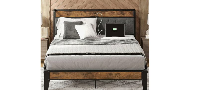 NEW Queen Bed Frame, Storage Headboard w/ Charging Station Brown &amp; Grey