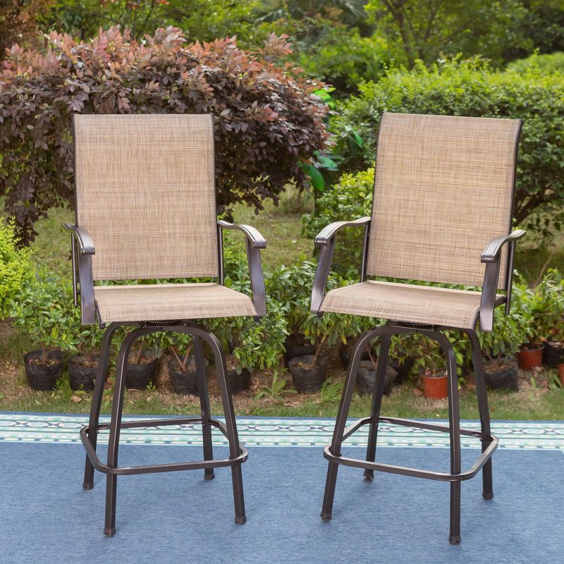 Outdoor Swivel Bar Stools, Set of 2 All-Weather Bar Height Patio Chairs, Brown